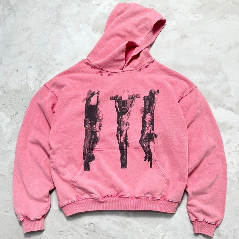 Unisex Vintage Hoodie "Three Jesus" Limited Edition Washed & Distressed Hoodie — featuring multi-area hand-distressing, custom fabric matched to the original in texture and color, and a heavyweight enzyme-washed finish for a faded, vintage look.