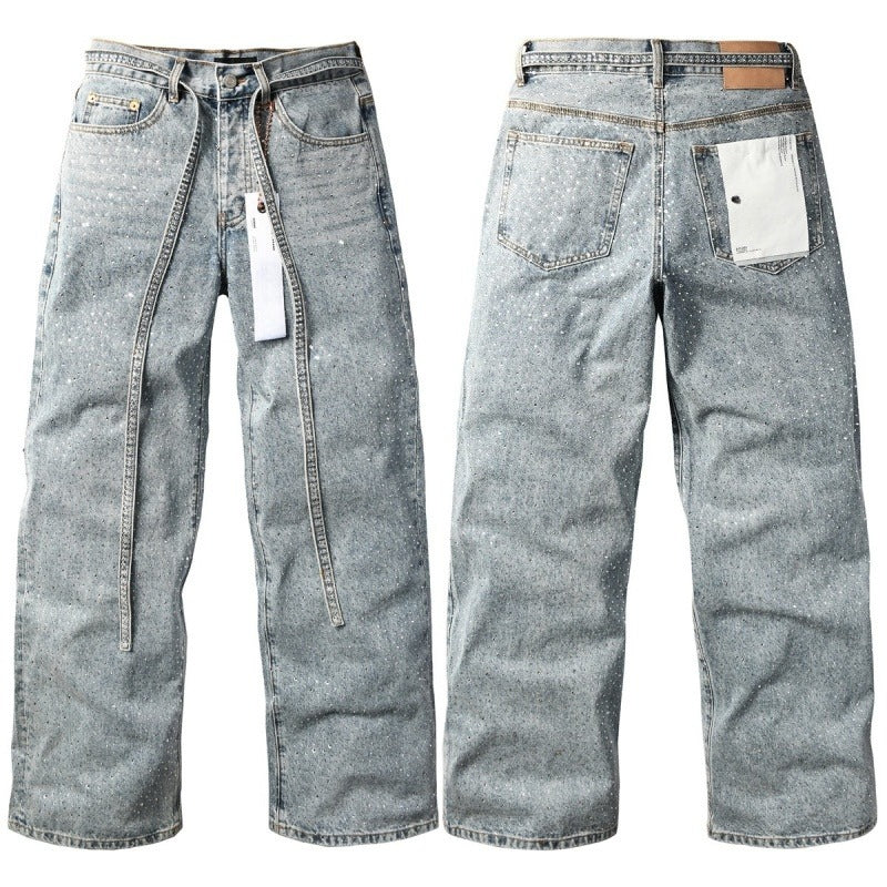 Purple brand Jeans High-quality pure cotton streetwear trousers Rhinestone-embellished loose straight-leg trousers Comes with a belt