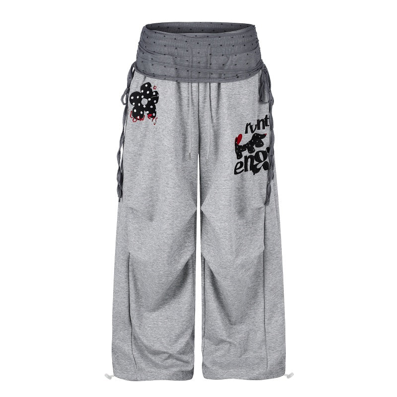 American-style streetwear harem pants Cute Dog Print Braided Tie Wide Sweat Bottoms