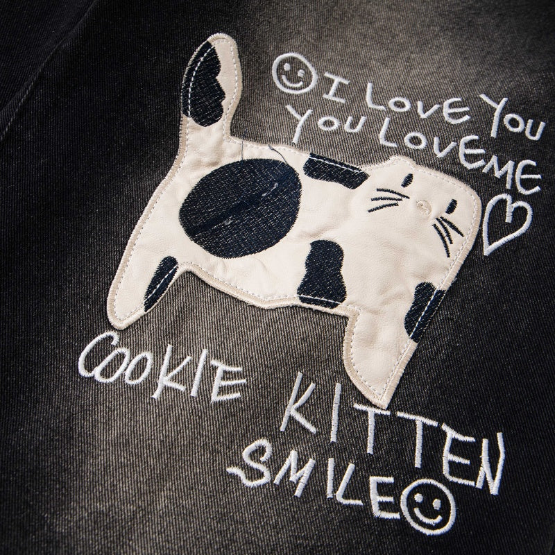 Street-style vintage jeans Retro Casual Loose-Fit Straight-Leg Trousers with Cute Cat Graphic and Contrast Waistband