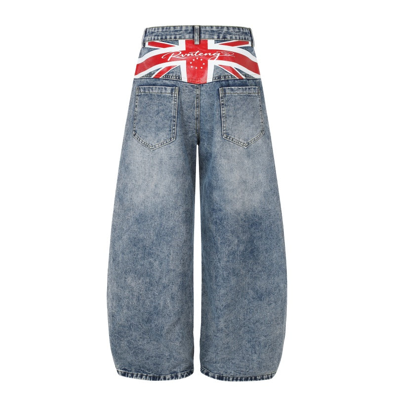 American-style streetwear harem pants Faded Washed Flag Detail Curved Barrel Trousers
