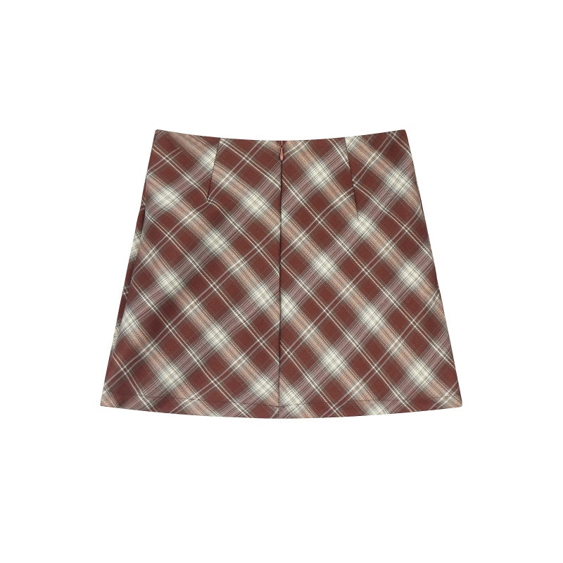 American-style vintage Skirt Contrast Grid Print High Waist Mini Skirt