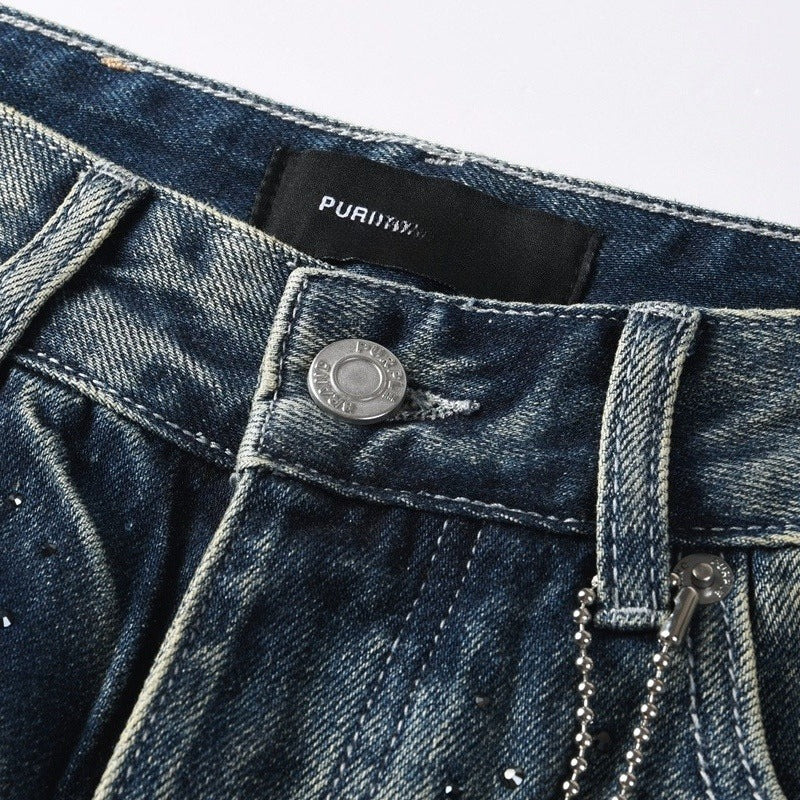 Purple brand Jeans High-quality pure cotton streetwear trousers Rhinestone-embellished loose-fit straight-leg ripped trousers