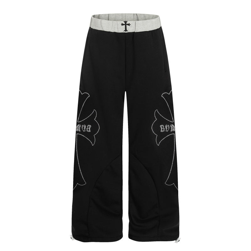 American-style streetwear harem pants  Cross Embroidery Street Trousers Fleece-lined and thickened