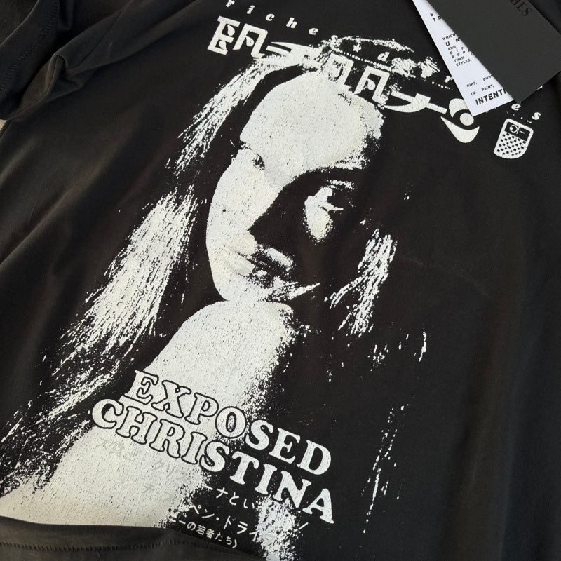 ERD T Shirts Dark Retro Distressed Lady Portrait With Text Street Casual Top