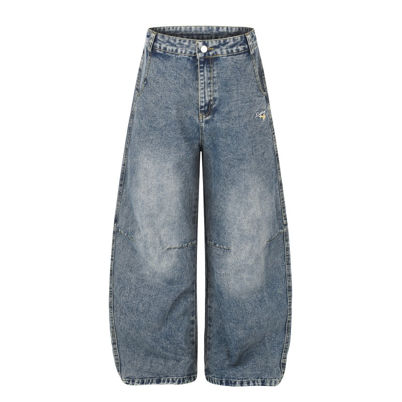 American-style streetwear harem pants Yellow Cross Print Washed Barrel Denim