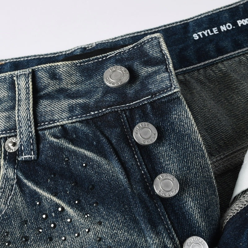 Purple brand Jeans High-quality pure cotton streetwear trousers Rhinestone-embellished loose-fit straight-leg ripped trousers