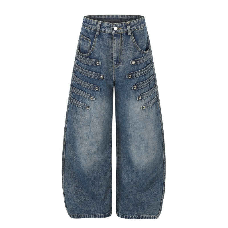 American-style streetwear harem pants Multi Rivet Stitch Barrel Denim
