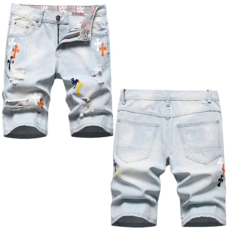 Denim shorts High-quality trendy Cross-pattern veneer casual pure cotton Non-stretch plus-size men's clothing