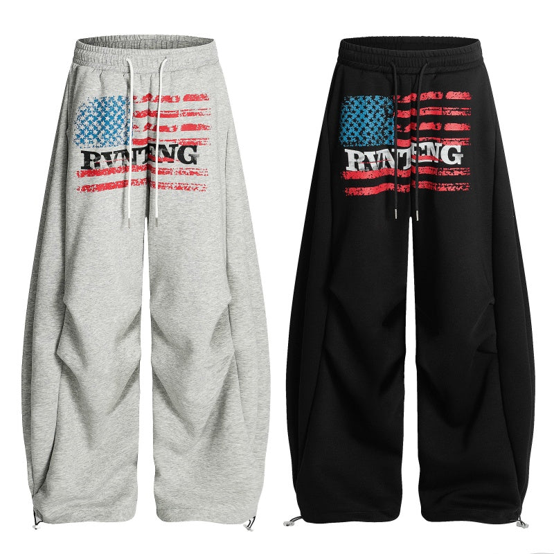 American-style streetwear harem pants Distressed Flag Print Wide Sweat Bottoms