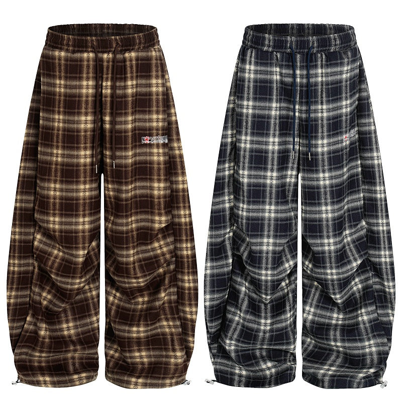 American-style streetwear harem pants Gathered Plaid Wide Balloon Trousers