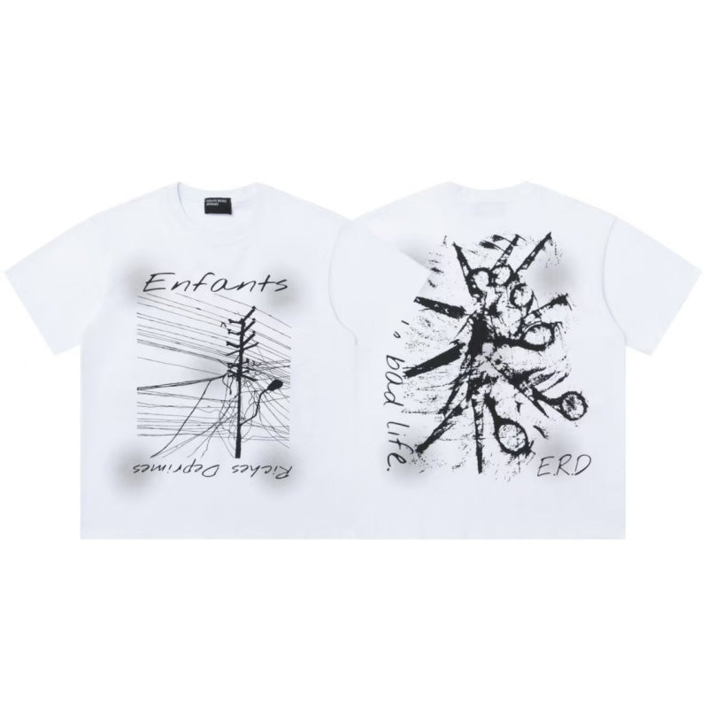 ERD T Shirts White Base Sketch Utility Pole Graphic Cursive French Text Print