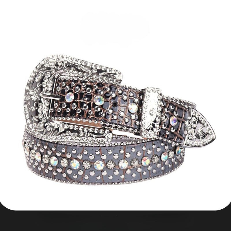 Hip-hop punk rhinestone belt crocodile pattern gradient color