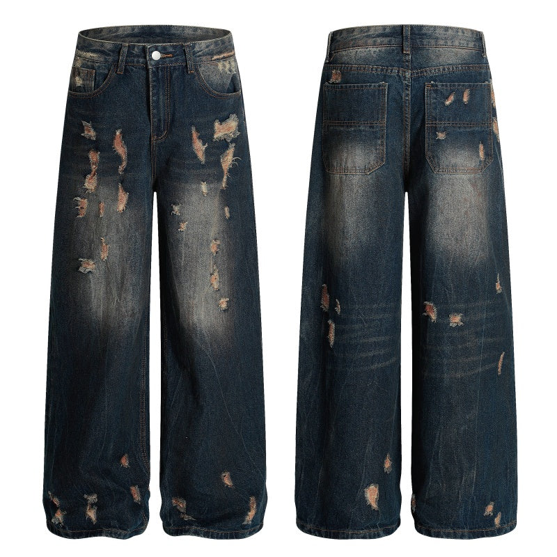 American-style streetwear harem pants Heavily Distressed Wide Leg Denim