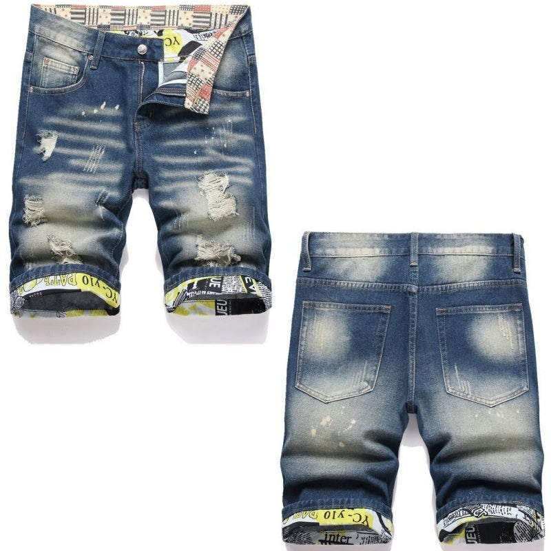 Denim shorts High-quality trendy Distressed with holes casual pure cotton Non-stretch plus-size men's clothing