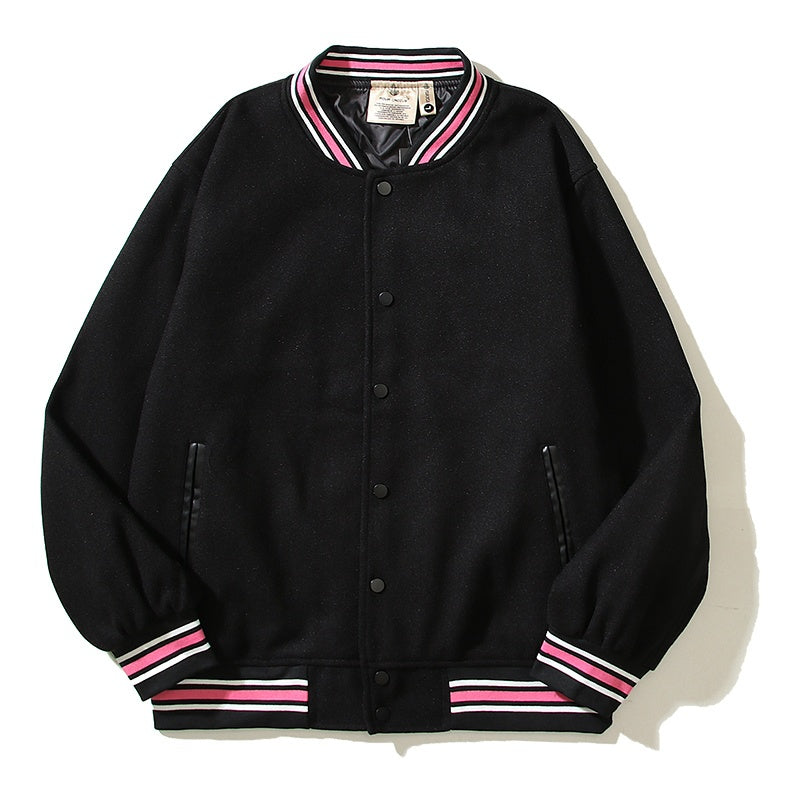 American-style baseball jacket American-style trendy high-street streetwear featuring back-panel graffiti, slogan, and lettering with intricate, high-density embroidery—embodying the "vibe" aesthetic.