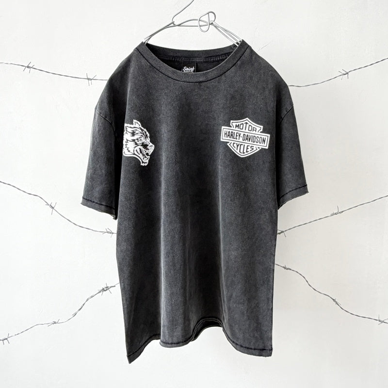 Unisex Vintage T Shirts Darc SSDD NFGU x Harley-Davidson Collaboration (Limited Edition): Heavyweight, distressed, and washed-effect tee featuring a "Wolf Head" graphic. Designed with a boxy, cropped, and wide-neck silhouette—embodying a gritty, grun