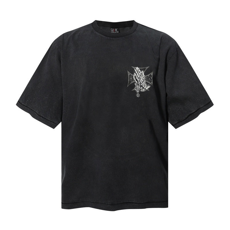 Saint Michael T Shirts Gothic Skull Prayer Hands Iron Cross Retro Streetwear