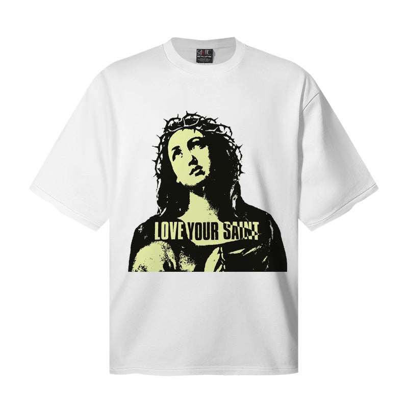 Saint Michael T Shirts Love Your Saint Crown of Thorns Figure Stencil White Tee Graphic