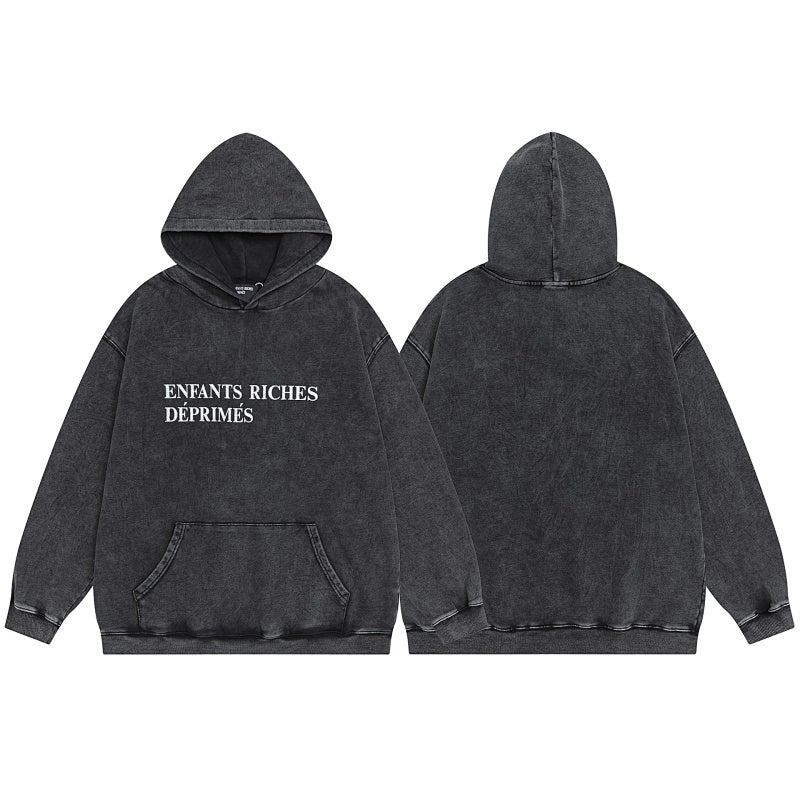 ERD Hoodie Vintage Washed Dark Layer Minimal Front Serif Lettering Graphic