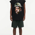 BIG FACE Drop-Shoulder Tank Top High-street vintage style featuring a small neckline, white-ink digital direct-to-garment (DTG) printing, and a heavy-duty, distressed wash finish; crafted from 260g double-yarn plain-knit fabric.