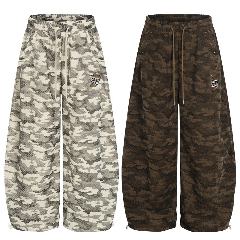 American-style streetwear harem pants Textured Camo Number Patch Baggy Pants