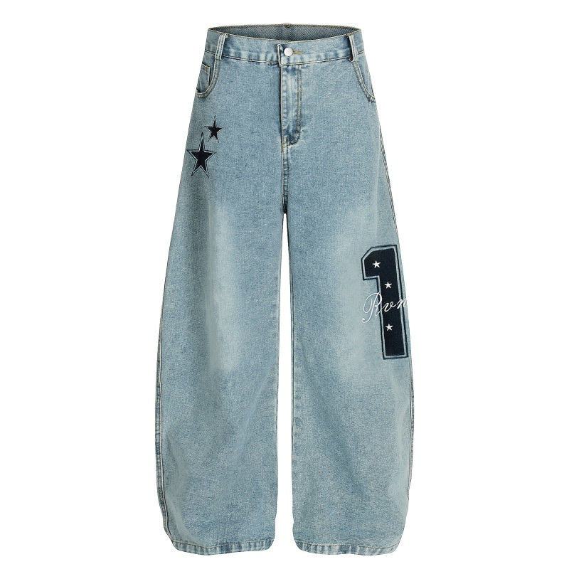American-style streetwear harem pants Washed Star Embroidered Number Denim