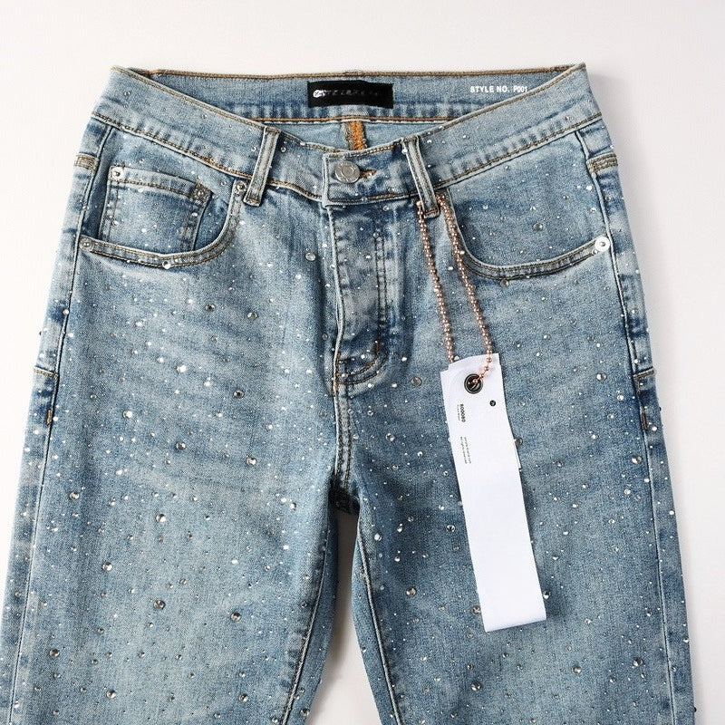 Purple brand Jeans High-quality pure cotton streetwear trousers Rhinestone