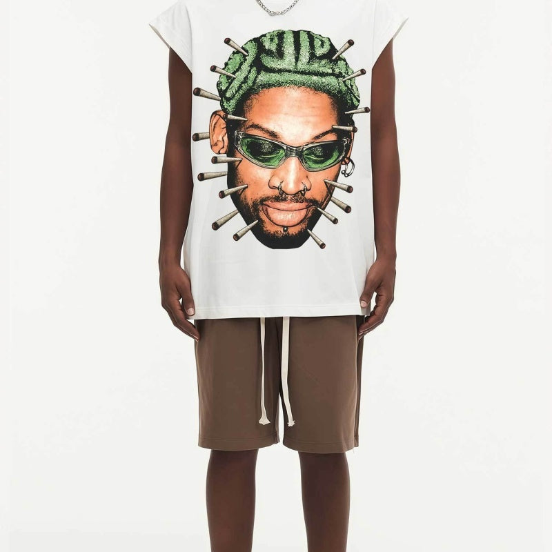 BIG FACE Drop-Shoulder Tank Top High-street vintage style featuring a small neckline, white-ink digital direct-to-garment (DTG) printing, and a heavy-duty, distressed wash finish; crafted from 260g double-yarn plain-knit fabric.