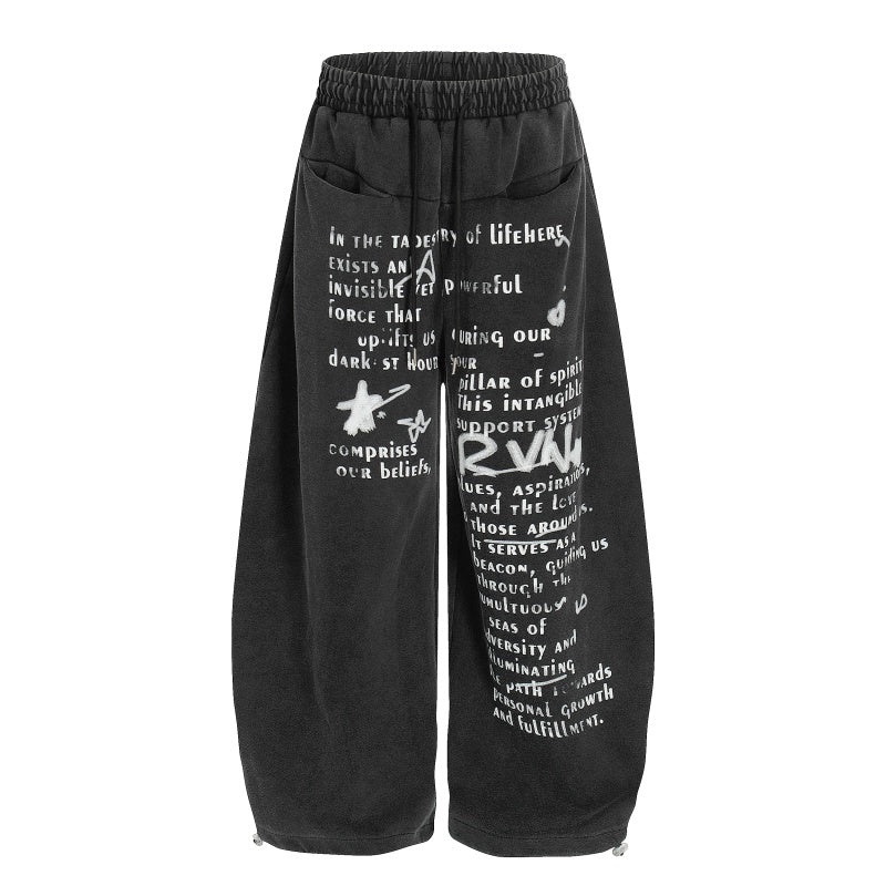 American-style streetwear harem pants Distressed Poem Graphic Baggy Drawstring Bottoms