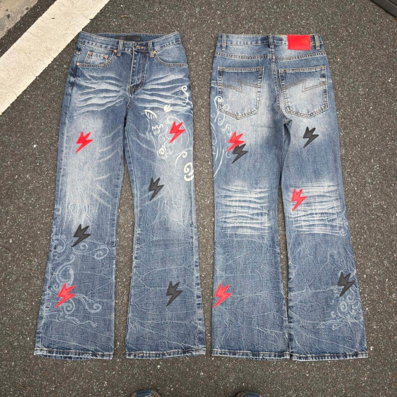 Lightning Pattern Jeans High-quality high-street pure cotton trousers
