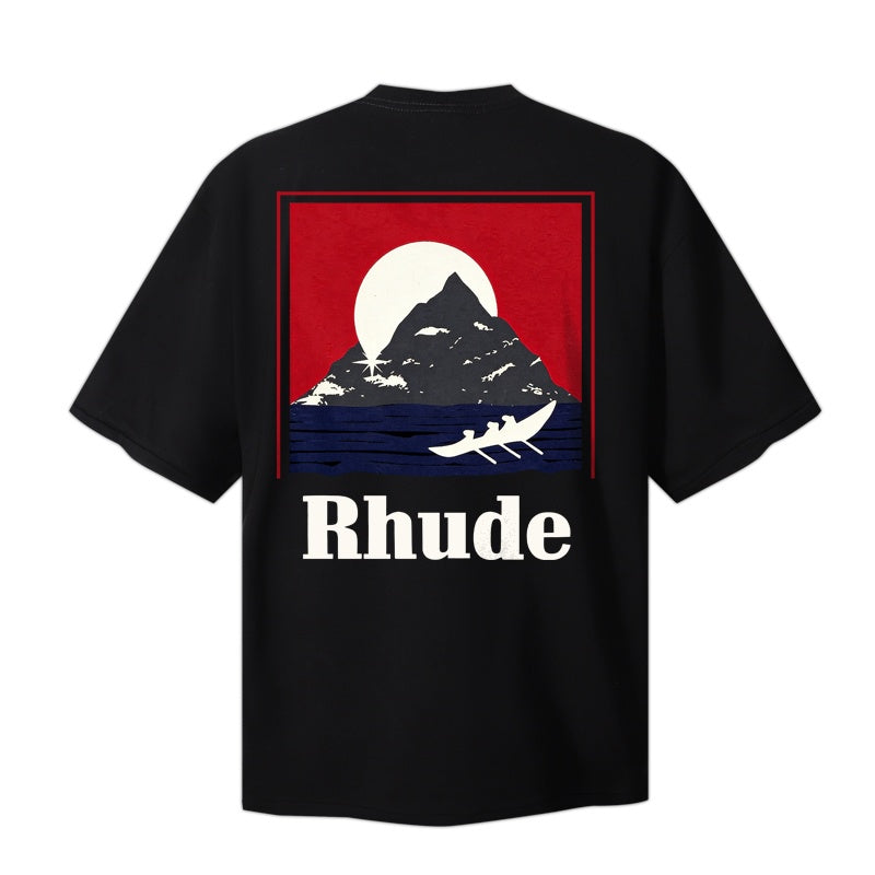 RHUDE T Shirts Vintage Travel Mountain Water Illustration