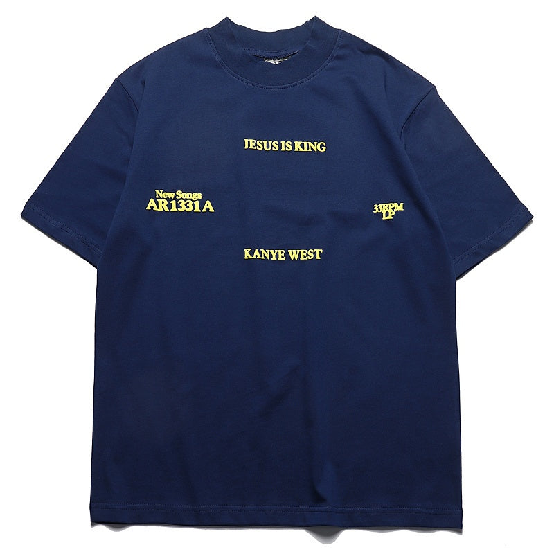 Mens T-shirt Vintage American-style Kanye "Jesus Is King" High-Street Oversized Drop-Shoulder Tee with Puffed Lettering (FOG Style)