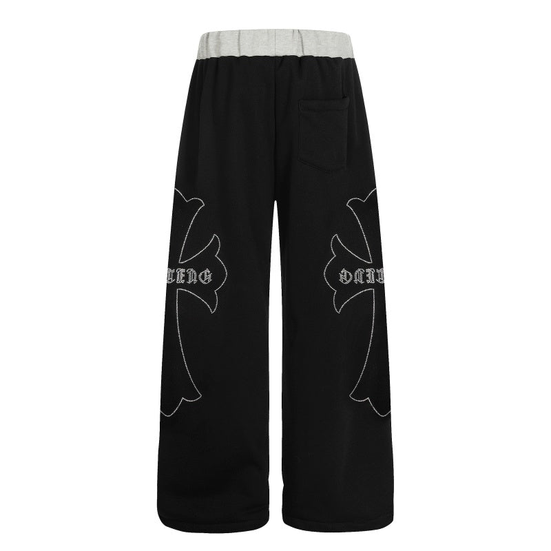 American-style streetwear harem pants  Cross Embroidery Street Trousers Fleece-lined and thickened