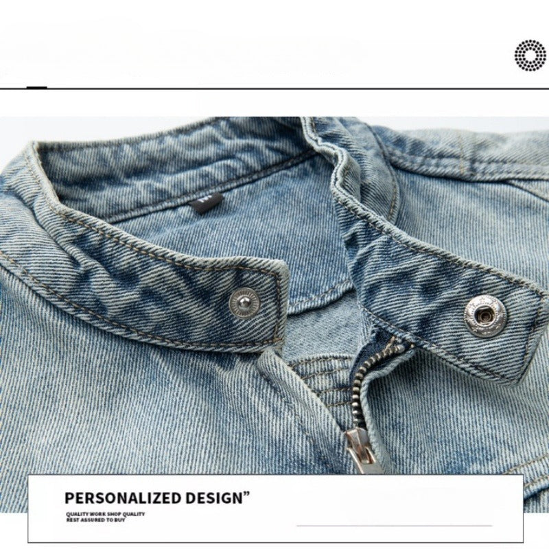 Denim Jacket & Jeans High-Street Trend Mens Y2K Streetwear Jacket Vintage Light Blue Washed Moto Biker Zip Front Casual Denim Outerwear (jacket and jeans must be purchased separately.)
