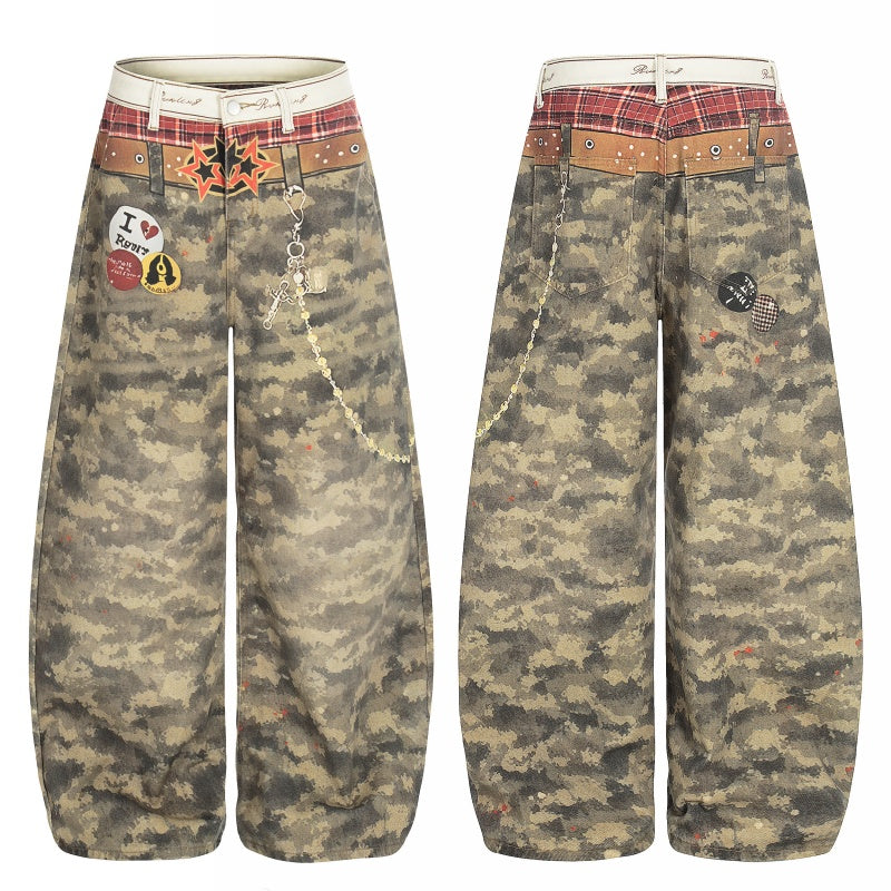American-style streetwear harem pants Camo Patch Chain Accent Barrel Trousers