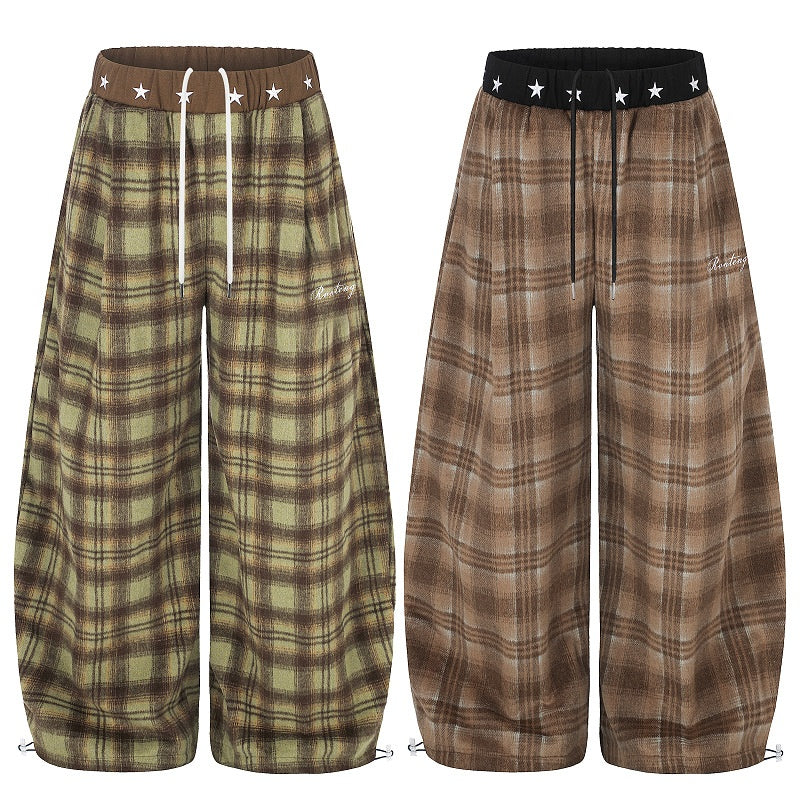 American-style streetwear harem pants Star Waistband Plaid Balloon Trousers