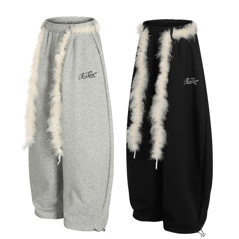 American-style streetwear harem pants Plush Edge Decor Wide Cut Streetwear