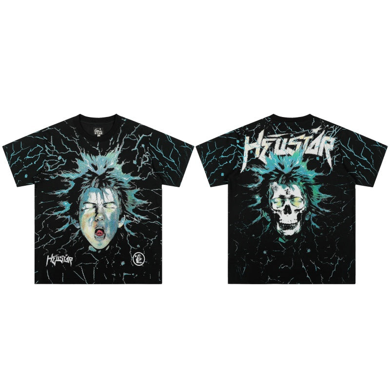 Vintage-style American T-shirt Cracked Teal Lightning Human‑to‑Skull Print