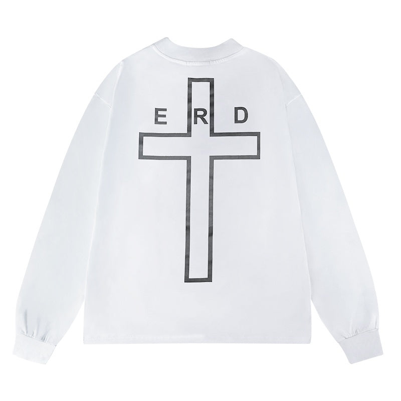 ERD Long sleeved shirt  Streetwear Long Sleeve Tee Two-Tone Script & Outline Cross Print
