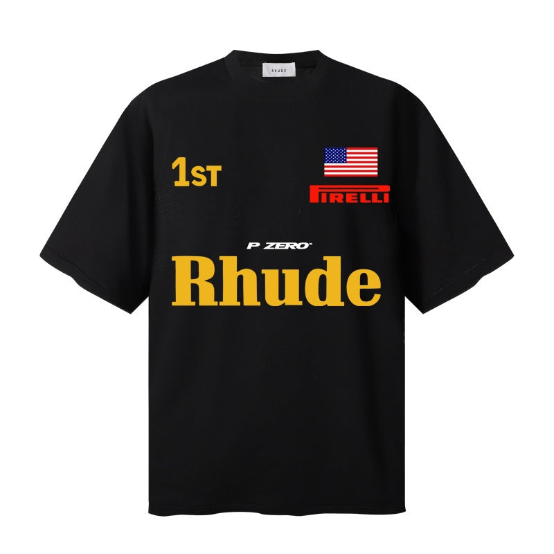 RHUDE T Shirts Varsity Race Flag Typography