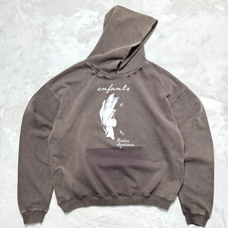 Unisex Vintage Hoodie Ethereal Portrait" Limited Edition Hoodie — Custom heavyweight fabric, handcrafted distressed detailing, and a natural fade effect achieved through Asute enzyme-abrasion washing.