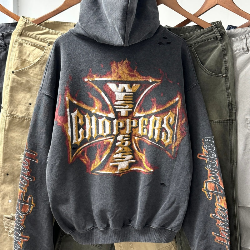 Unisex Vintage Hoodie Harley-Davidson "West Coast Flames & Cross" Limited Edition Distressed Hoodie — featuring multi-area handcrafted distressing and heavy-duty enzyme-washed, faded finish.