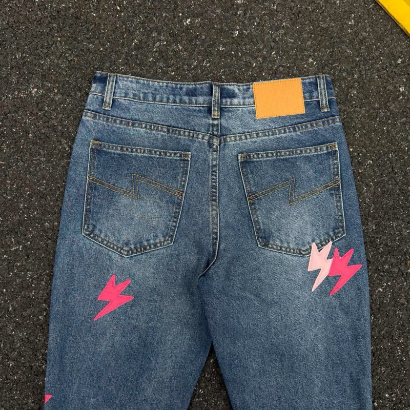 Lightning Pattern Jeans High-quality high-street pure cotton trousers