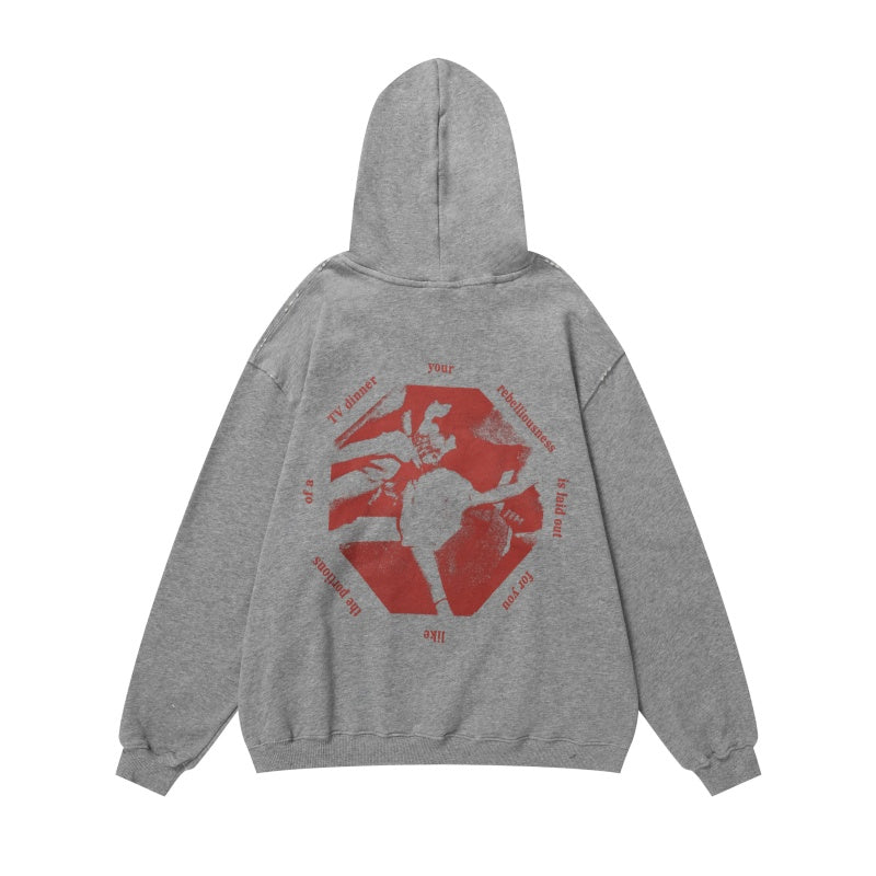ERD Hoodie Grey Faded Red Dual-Side Figure Print Oversized Pullover