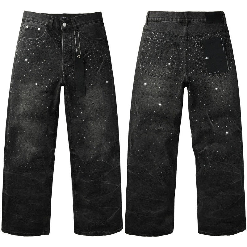 Purple brand Jeans High-quality pure cotton streetwear trousers Rhinestone-embellished loose straight-leg trousers