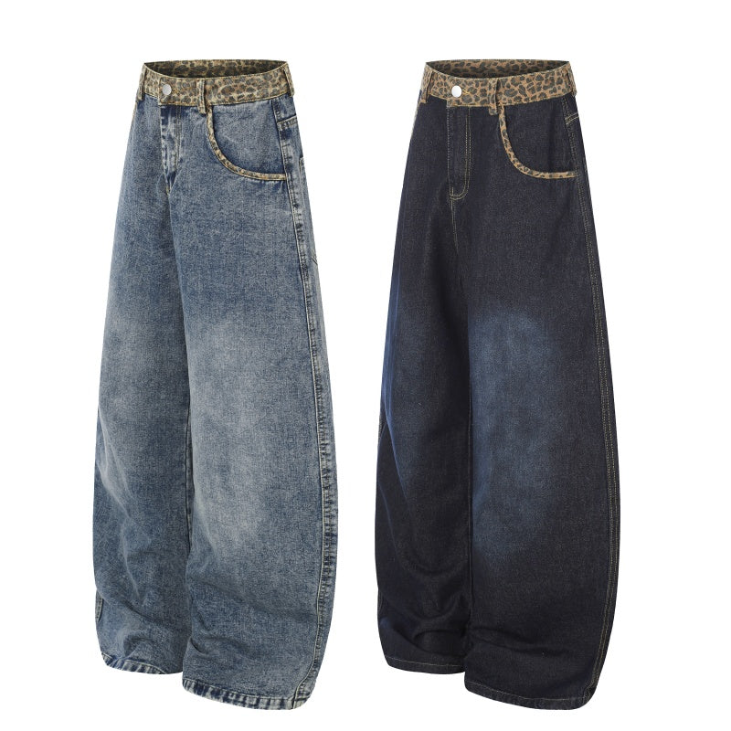 American-style streetwear harem pants Faded Leopard Waistband Relaxed Barrel Denim