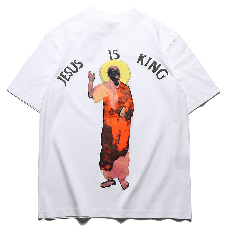 Mens T-shirt Vintage American-style Kanye-style oversized drop-shoulder tee with "Jesus/God" puff print.