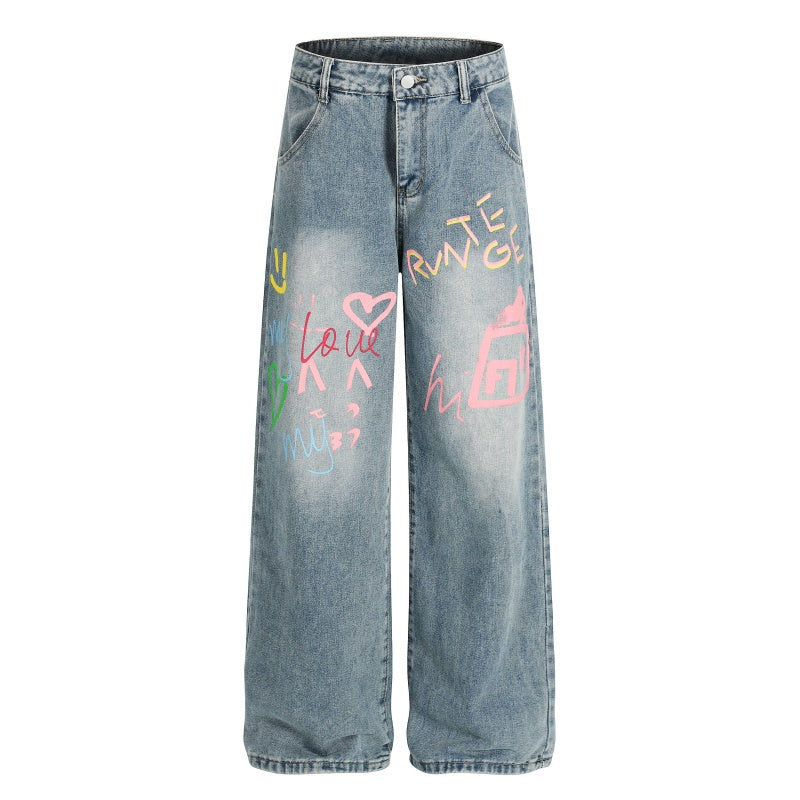 American-style streetwear harem pants Love Heart Graphic Relaxed Denim Bottoms