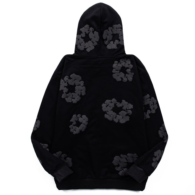 Denim Tears Hoodie Y2K All Black Cotton Wreath Floral Puff Printed Oversized Hoodie